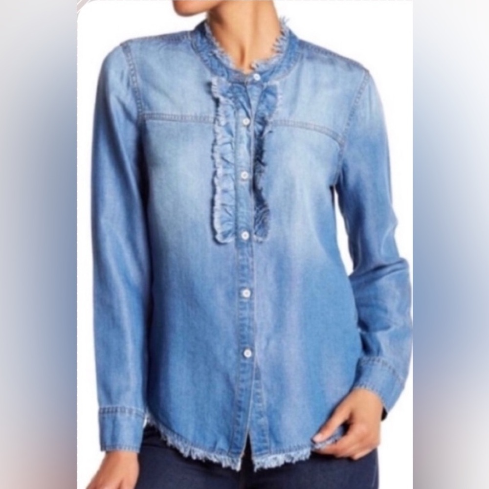 Splendid tencel ruffle chambray Blue Frayed hem shadowing Denim shirt sz small